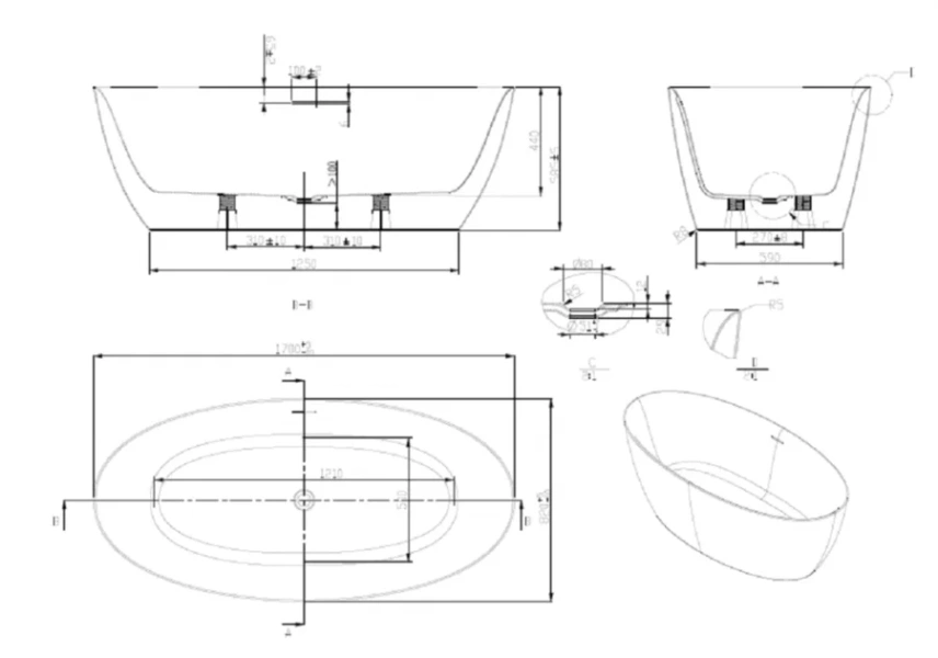 Ванна акриловая Art&Max Bologna AM-BOL-1700-820, 170 x 82 см, белый (детальная фотография), современныe, hi-tech