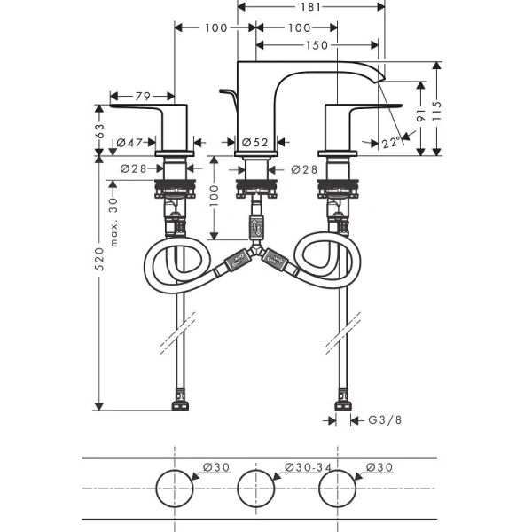 Смеситель для раковины Hansgrohe Vivenis 75033 на 3 отверстия (детальная фотография), для раковины