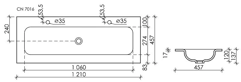 Раковина Ceramica Nova Grace 121 см с двумя отверстиями под смеситель CN7016MB (детальная фотография), современные, hi-tech