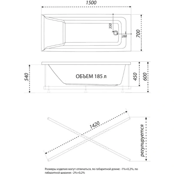 Ванна акриловая Diwo Переславль 150 x 70 см, с каркасом, цвет белый, Щ0000046596/Щ0000048581 (детальная фотография), акриловые