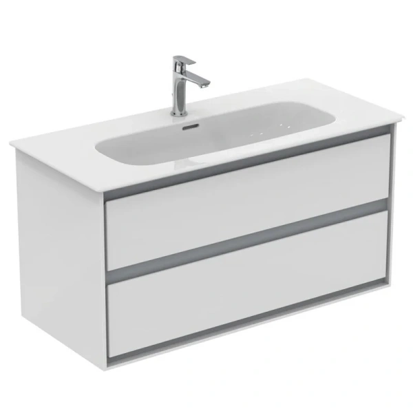 Тумба с раковиной подвесная Ideal Standard Connect Air E0821 100 см с 2-мя ящиками (детальная фотография), белая, светло-коричневая, комбинированная