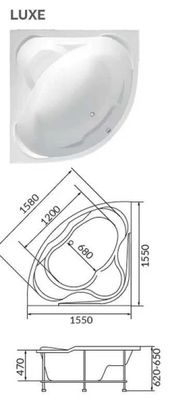 Ванна акриловая 1MarKa Luxe, угловая, 155 х 155 см, цвет белый, 01лю1515 (детальная фотография), без гидромассажа