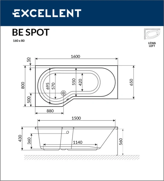 Акриловая ванна Excellent Be Spot 160 x 80 см, цвет белый, левая/правая WAEX.BSP16WH (детальная фотография), без гидромассажа