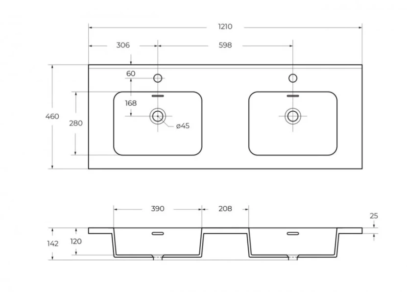 Раковина мебельная Cezares 120 см из искусственного мрамора, с двумя чашами 50211 (детальная фотография), современные, hi-tech
