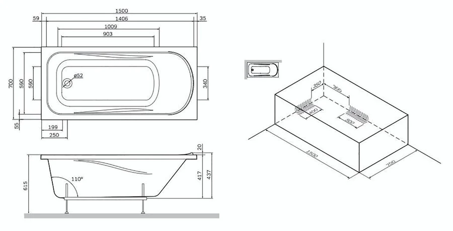 Ванна акриловая AM.PM Sense 150х70 см с каркасом и сливом-переливом W75A-150-070W-KL (детальная фотография), современныe, hi-tech
