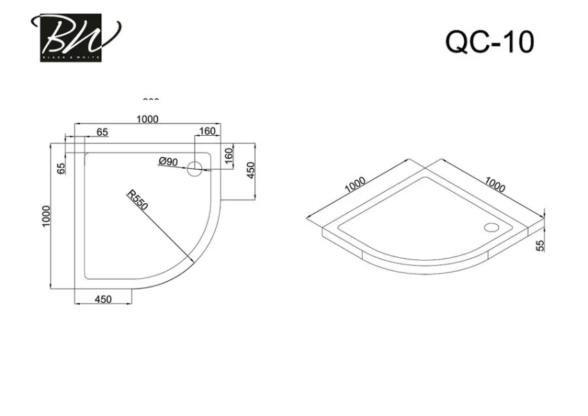 Душевой поддон Black&White Stellar Wind 100x100 см полукруглый 10QC000 (детальная фотография), низкие до 15 см