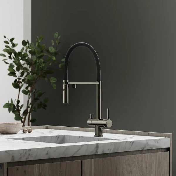 Смеситель для питьевой воды Sancos Imola вороненая сталь/черный SC4010GG (детальная фотография), с поворотным изливом, с длинным изливом, с двумя изливами, с гибким изливом