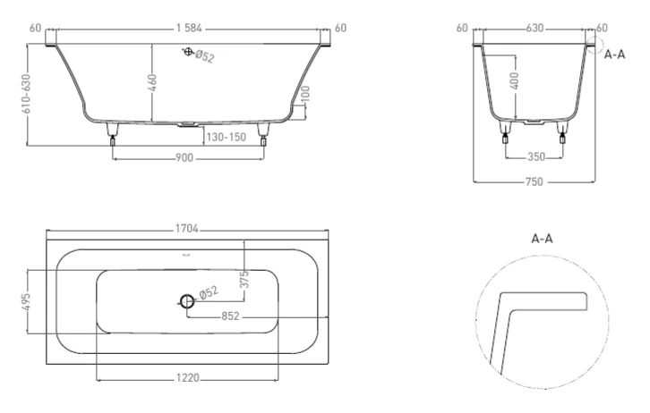 Ванна из искусственного камня Salini Orlanda Axis Kit 103213 170х75 см прямоугольная (детальная фотография), искусственный камень