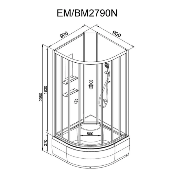 Душевая кабина Deto EM 90x90 см с зеркалом EM2790NLED (детальная фотография), полукруглые, четверть круга