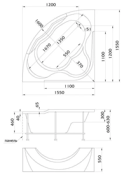Ванна акриловая 1MarKa Aima Design Grand Luxe, угловая, 155 х 155 см, со стеклом, цвет белый, 01грл1515 (детальная фотография), полукруглые