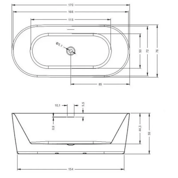 Ванна акриловая Riho Modesty Velvet Fall, B090005105, 170 x 76 см, наполнение через перелив, цвет белый матовый (детальная фотография), 170х75