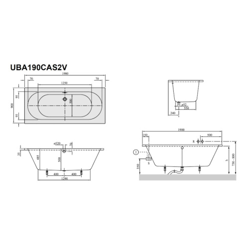 Ванна акриловая Villeroy & Boch O.novo 190х90 см белая UBA190CAS2V-01 (детальная фотография), 190x90 см