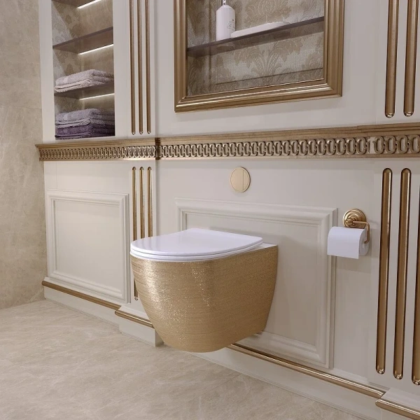 Унитаз подвесной Grossman золото/белый GR-4455GWS (детальная фотография), безободковые, сиденье с микролифтом , с антивсплеском