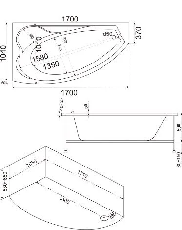 Ванна акриловая Bas Николь, 170 х 100 см, левая/правая, В 00027/В 00028 (детальная фотография), акриловые