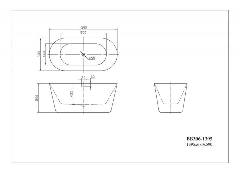 Ванна акриловая BelBagno 140х68 см отдельностоящая BB306-1395 (детальная фотография), акриловые