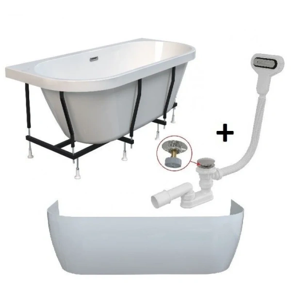 Акриловая ванна Радомир Вальс Макси 1-01-2-0-9-188К, 180 x 80 см, каркас, фронтальный экран съемный, слив-перелив автомат Вальс цвета хром, белая (детальная фотография), прямоугольные