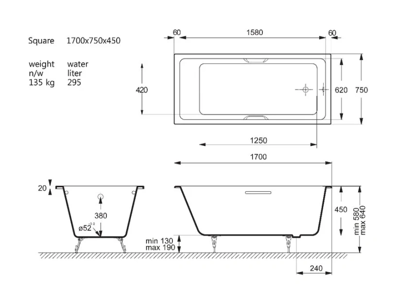 Чугунная ванна Vinsent Veron Square VSQ1707545H/VH0012BR, 170 x 75 см, ручки бронза, цвет белый (детальная фотография), чугунные