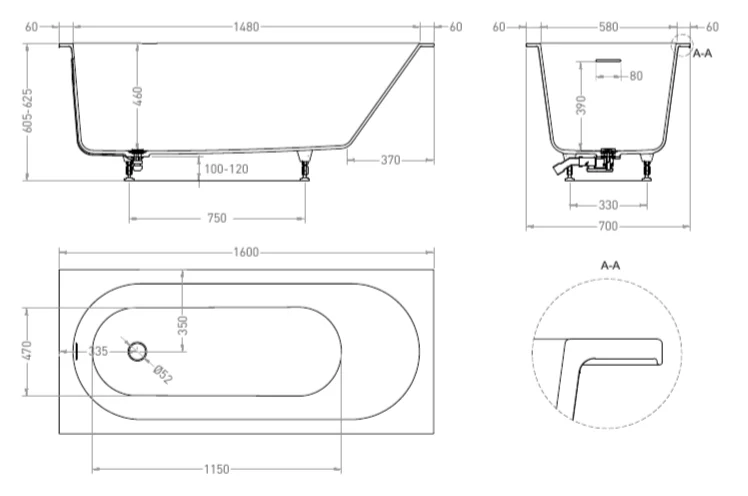 Ванна из искусственного камня Salini Ornella Kit 160x70 см белый глянцевый 102416G (детальная фотография), 160x70 см