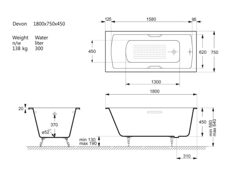 Чугунная ванна Vinsent Veron Devon VDV1807545H/VH0012BR-AS, 180 x 75 см, с антискользящим покрытием, ручки бронза, цвет белый (детальная фотография), чугунные