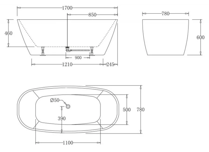 Ванна акриловая BelBagno 170x80 см отдельностоящая BB72-1700-W0 (детальная фотография), современныe, hi-tech
