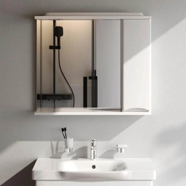 Зеркальный шкаф с подсветкой Am.Pm Like 80 см белый глянец, левый M80MPL0801WG (детальная фотография), недорогo, с подсветкой, с розеткой, левый