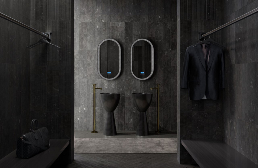 Раковина напольная Abber Karbon карбоновая AK2003 (детальная фотография), круглой формы, моноблок