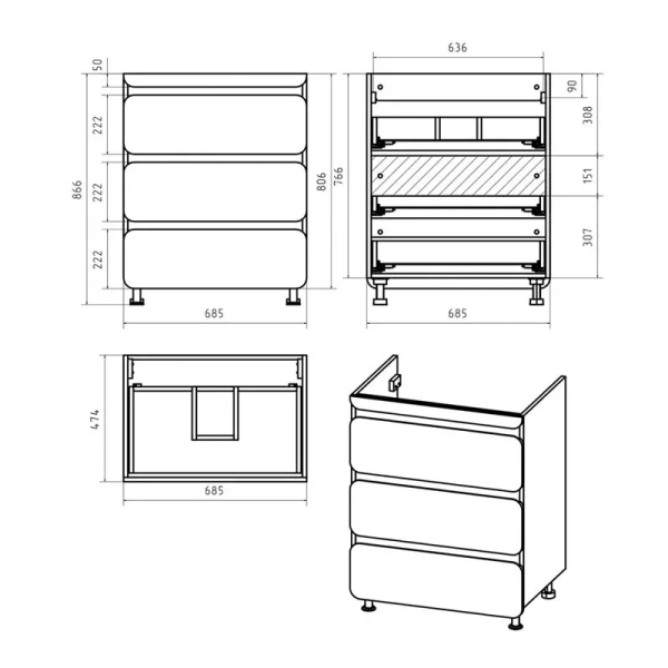 Тумба под раковину напольная Misty Чегет 70 см белая П-Чег-01070-01Н3Я (детальная фотография), в наличии