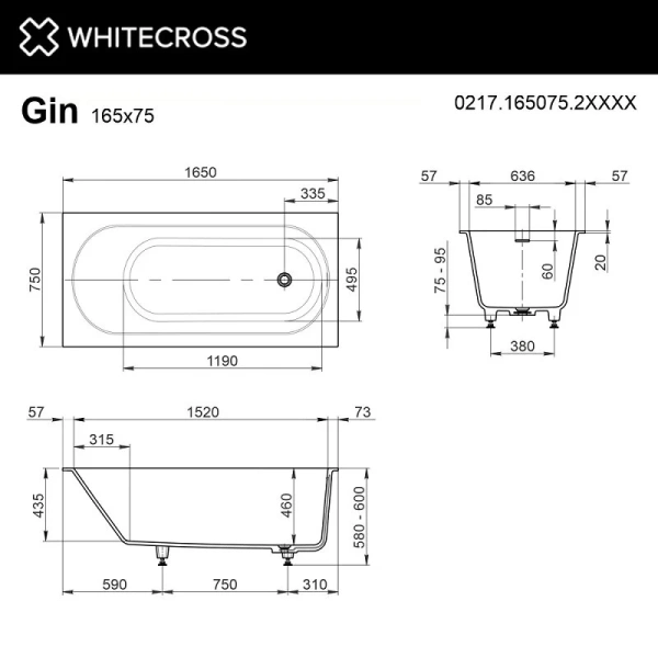Ванна Whitecross Gin 0217.165075.2XXXX, 165 х 75 см, искусственный камень, покраска по RAL, поверхность матовая (детальная фотография), искусственный камень