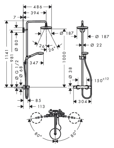 Душевая стойка Hansgrohe Croma Select S белый/хром 27253400 (детальная фотография), с тропическим душем