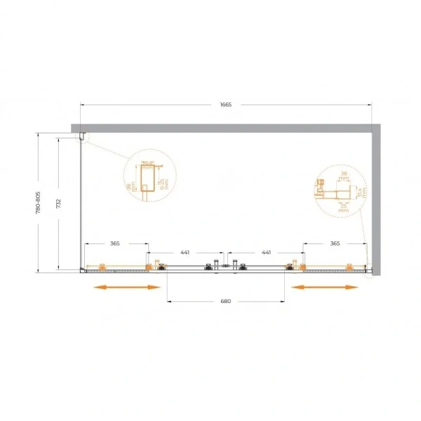 Душевой уголок Cezares Molveno 170х80 см стекло прозрачное профиль хром MOLVENO-AH-2/1-170/80-C-Cr-IV (детальная фотография), прямоугольные