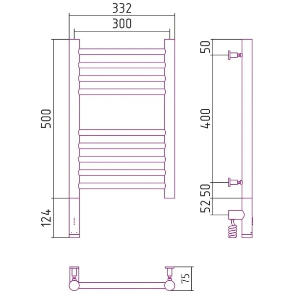 Полотенцесушитель электрический Сунержа Богема 3.0 5805-5030 30х50 см перемычка прямая (детальная фотография), современные, hi-tech
