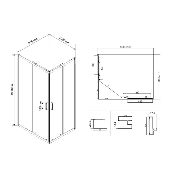 Душевой уголок Vincea City 100х90 см профиль хром стекло текстурное VSS-5CT9010MT (детальная фотография), прямоугольные