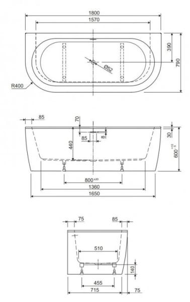 Ванна акриловая Cezares Slim Wall-180-80-44-W37, 180 x 80 см, белый SLIM WALL-180-80-44-W37 (детальная фотография), акриловые