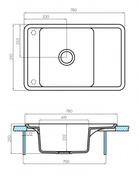 Мойка для кухни Акватон Беллис 78 см графит 1A725032BS210 (детальная фотография), из искусственного мрамора