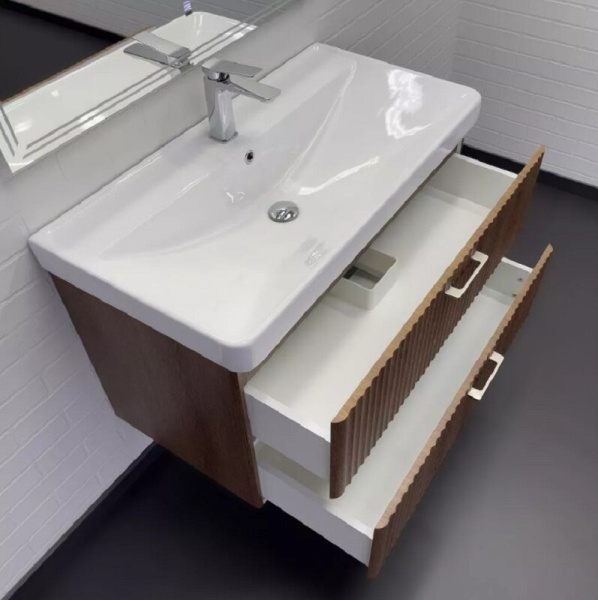 Тумба с раковиной подвесная Comforty Ангара 90П 90 см дуб темно-коричневый 00-00021037CF (детальная фотография), подвесная, пристенная