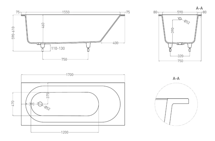 Ванна из искусственного камня Salini Ornella 170x75 см S-Sense белая глянцевая 102311G (детальная фотография), литьевой мрамор