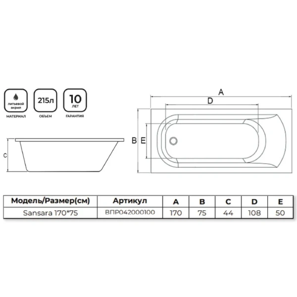 Ванна акриловая Alba Spa Sansara ВПР042000100, 170 x 75 см, цвет белый (детальная фотография), акриловые