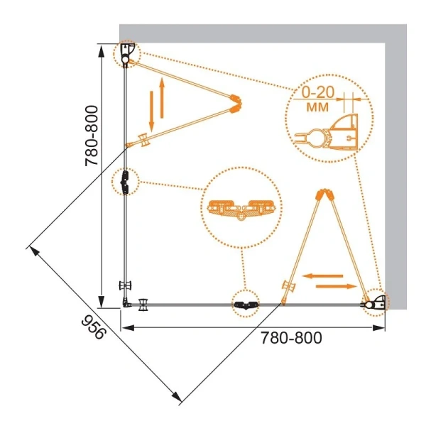 Душевой уголок Cezares Elena 80x80 см стекло прозрачное ELENA-W-AS-2-80-C-Cr (детальная фотография), квадратные