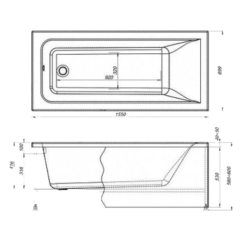 Ванна акриловая Aquanet Bright 155х70 см с каркасом 239666 (детальная фотография), в наличии