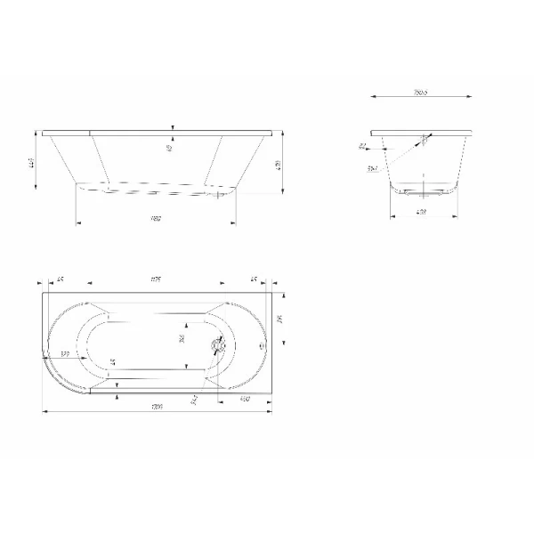 Ванна акриловая 1MarKa Alisa 01али1775лкс2+/01али1775пкс2+, 170 x 75 см, левая/правая, цвет белый (детальная фотография), акриловые