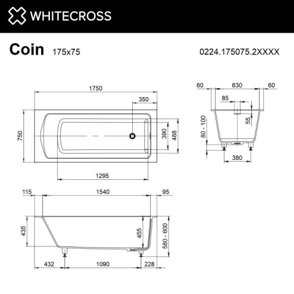Ванна Whitecross Coin 0224.175075.2XXXX, 175 х 75 см, искусственный камень, покраска по RAL, поверхность матовая (детальная фотография), искусственный камень