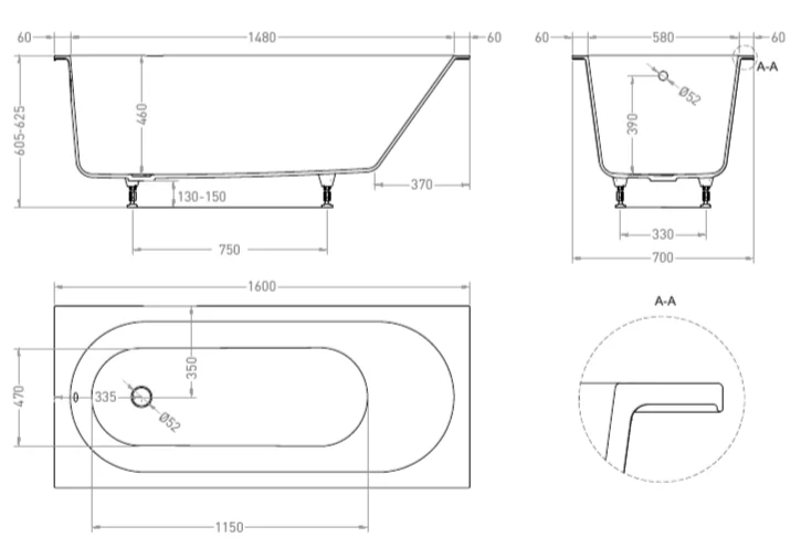 Ванна из искусственного камня Salini Ornella 160х70 см белая матовая 102316M (детальная фотография), искусственный камень