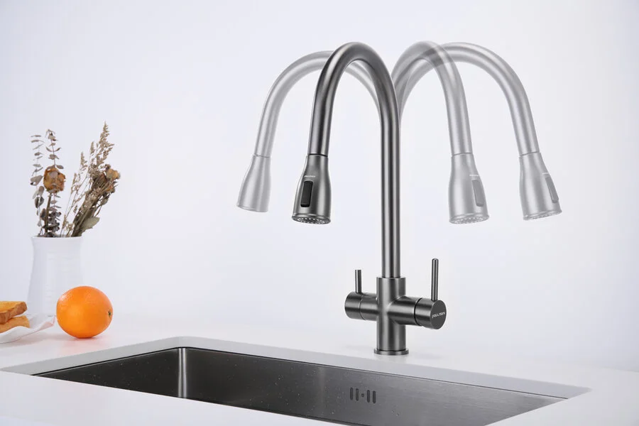 Смеситель для кухни Paulmark Lange вороненая сталь La214212-GM (детальная фотография), однорычажные, двухрычажные