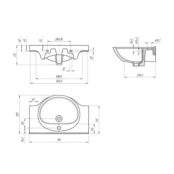 Раковина Cersanit Erica 80 см белая S-UM-ERI80/1-w (детальная фотография), современные, hi-tech