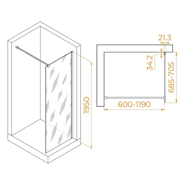 Душевая перегородка RGW Walk In WA-001 70 см прозрачное стекло, профиль хром 351000107-11 (детальная фотография)
