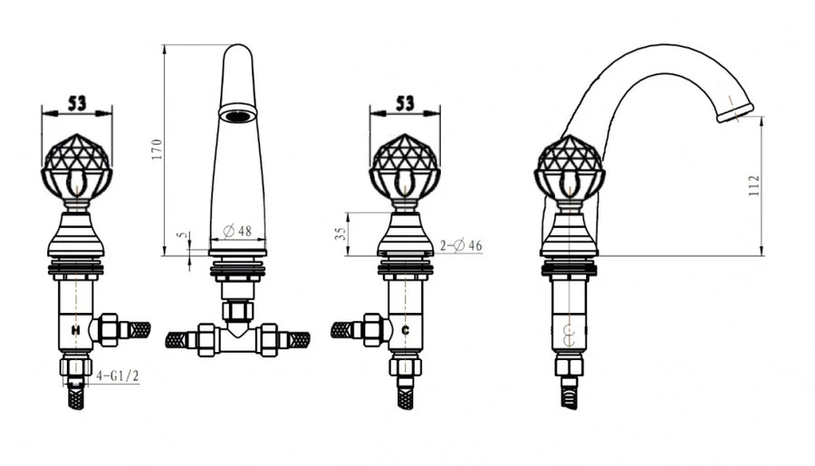 Смеситель для раковины Boheme Imperiale Presente на 3 отверстия 337 (детальная фотография), для раковины