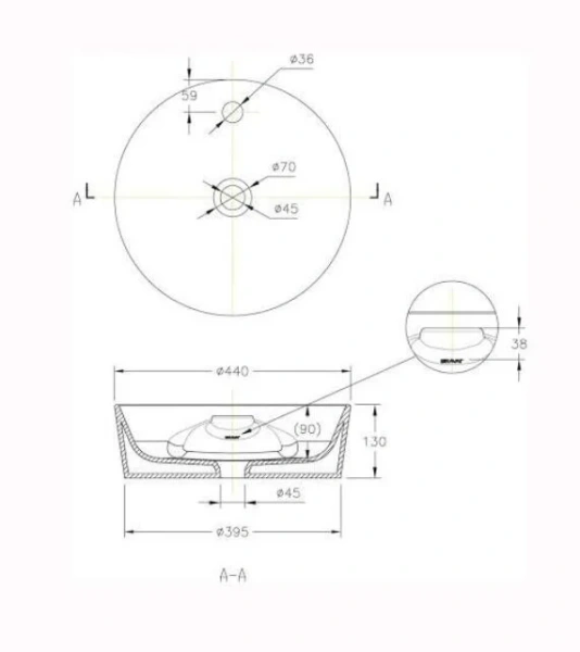 Раковина Bravat Affability C22239W-1-ENG 45 см (детальная фотография), современные, hi-tech