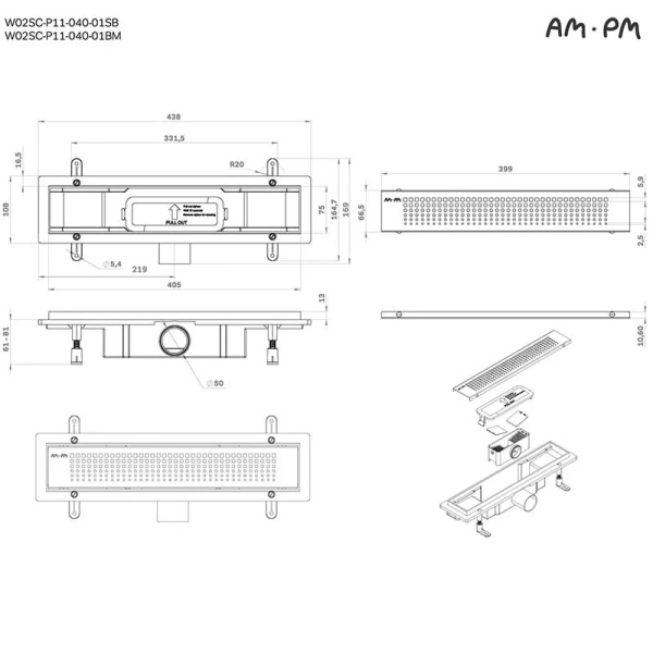 Душевой лоток Am.Pm PrimeFlow 40 см черный матовый W02SC-P11-040-01BM (детальная фотография), душевой лоток