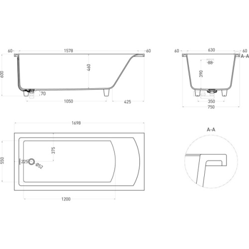 Ванна из искусственного камня Salini Cascata Kit 170x75 см белый матовый 104323M (детальная фотография), прямоугольные