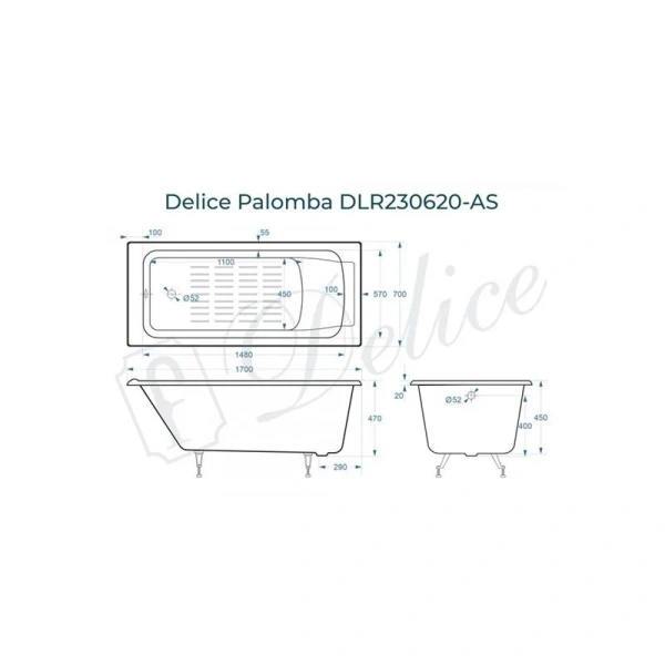 Ванна чугунная Delice Palomba DLR230620-AS 170x70 см с антискользящим покрытием (детальная фотография), чугунные
